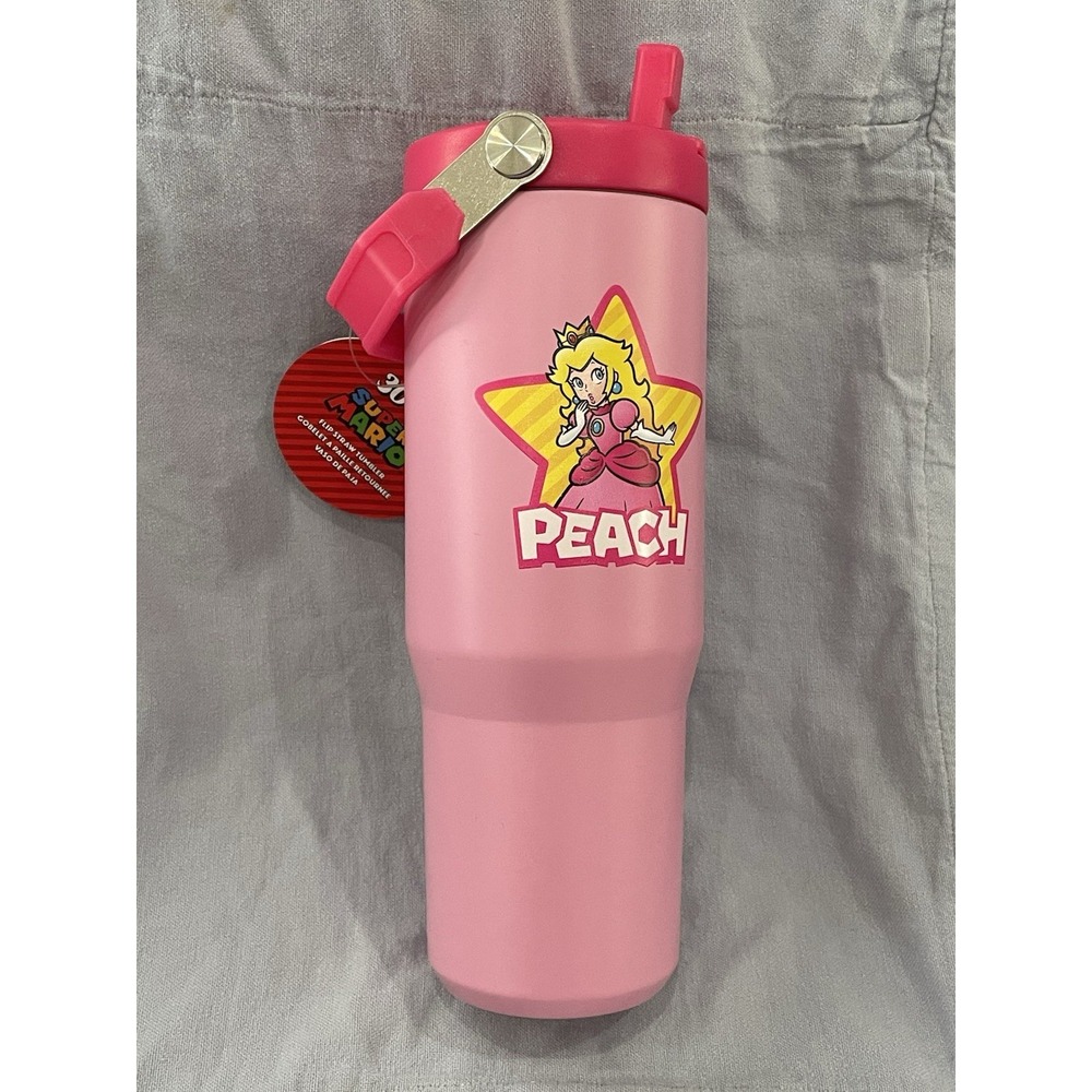 NEW Nintendo Super Mario Princess Peach 30oz Flip Straw Tumbler Pink Handle Lid